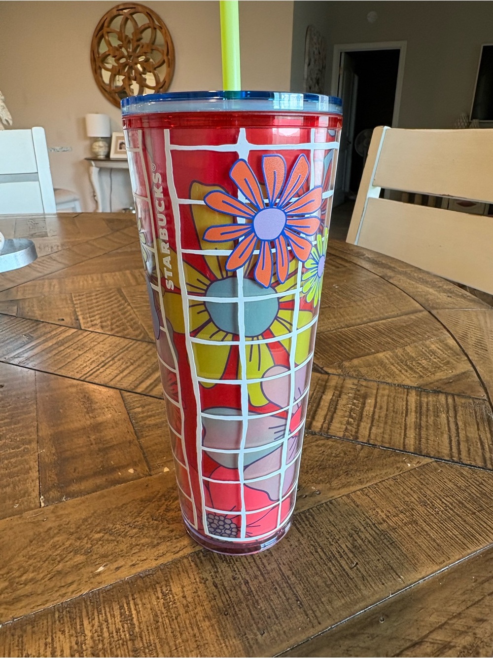 Starbucks Red Floral Double-Wall Tumbler with Yellow Straw